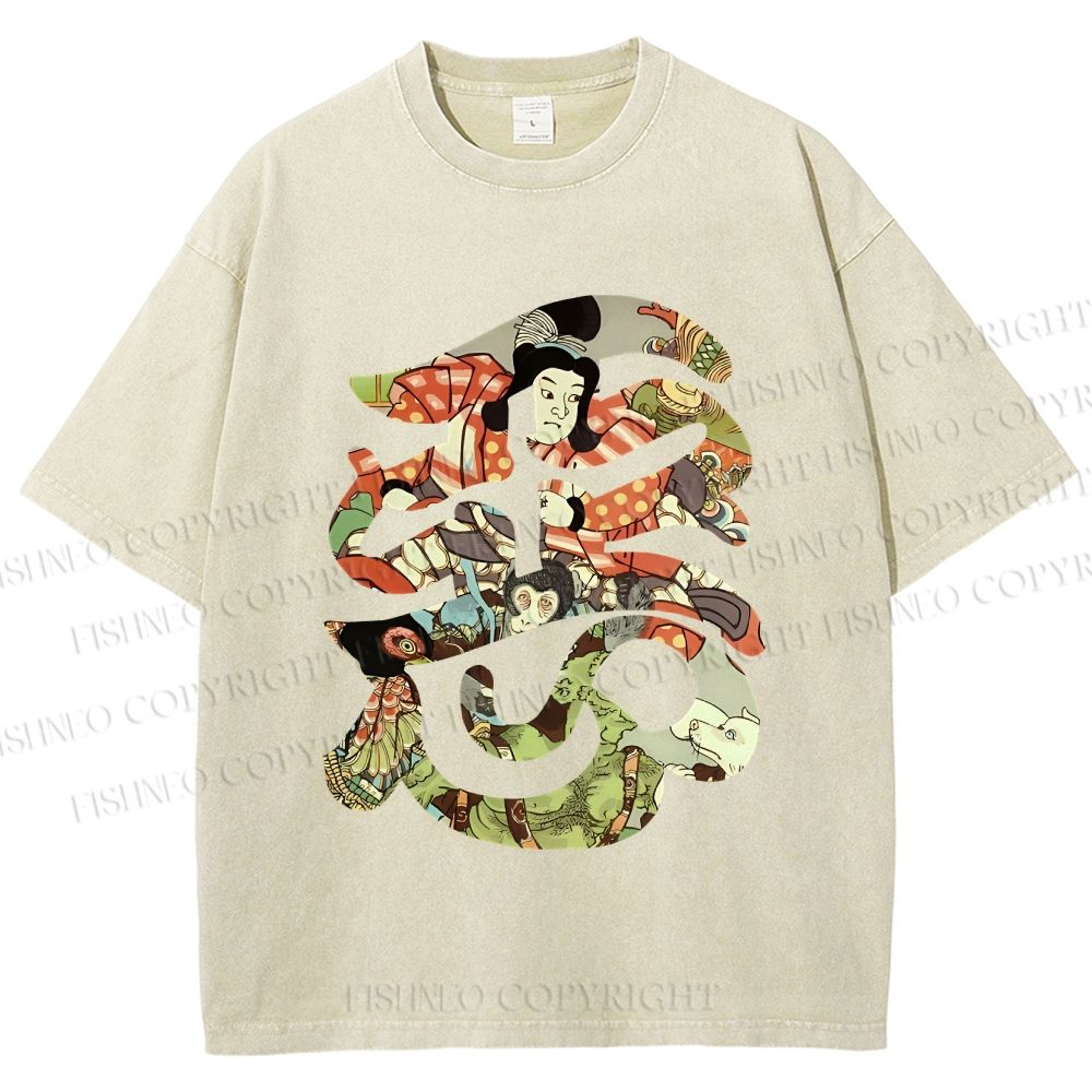 Unisex Vintage Japanese Art Printed Washed Tee
