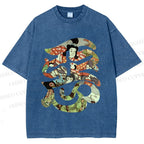 Unisex Vintage Japanese Art Printed Washed Tee