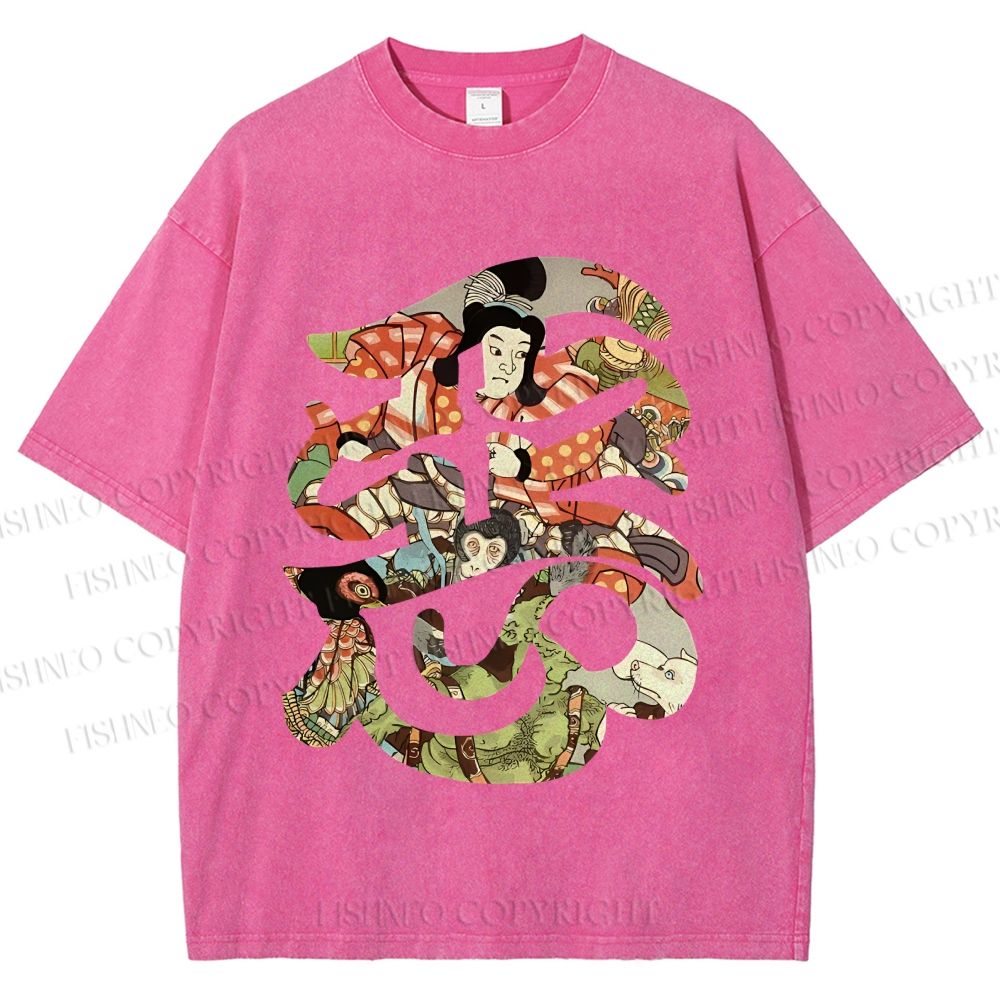 Unisex Vintage Japanese Art Printed Washed Tee