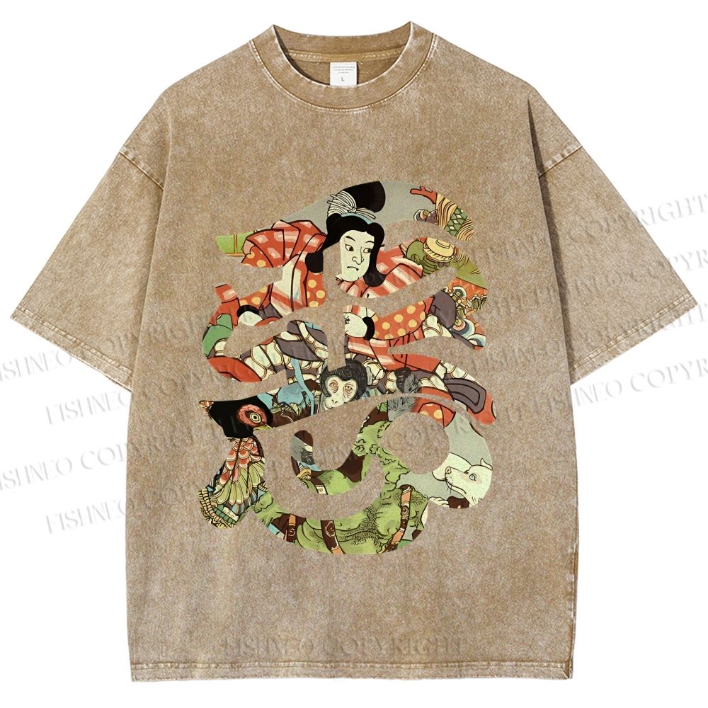 Unisex Vintage Japanese Art Printed Washed Tee