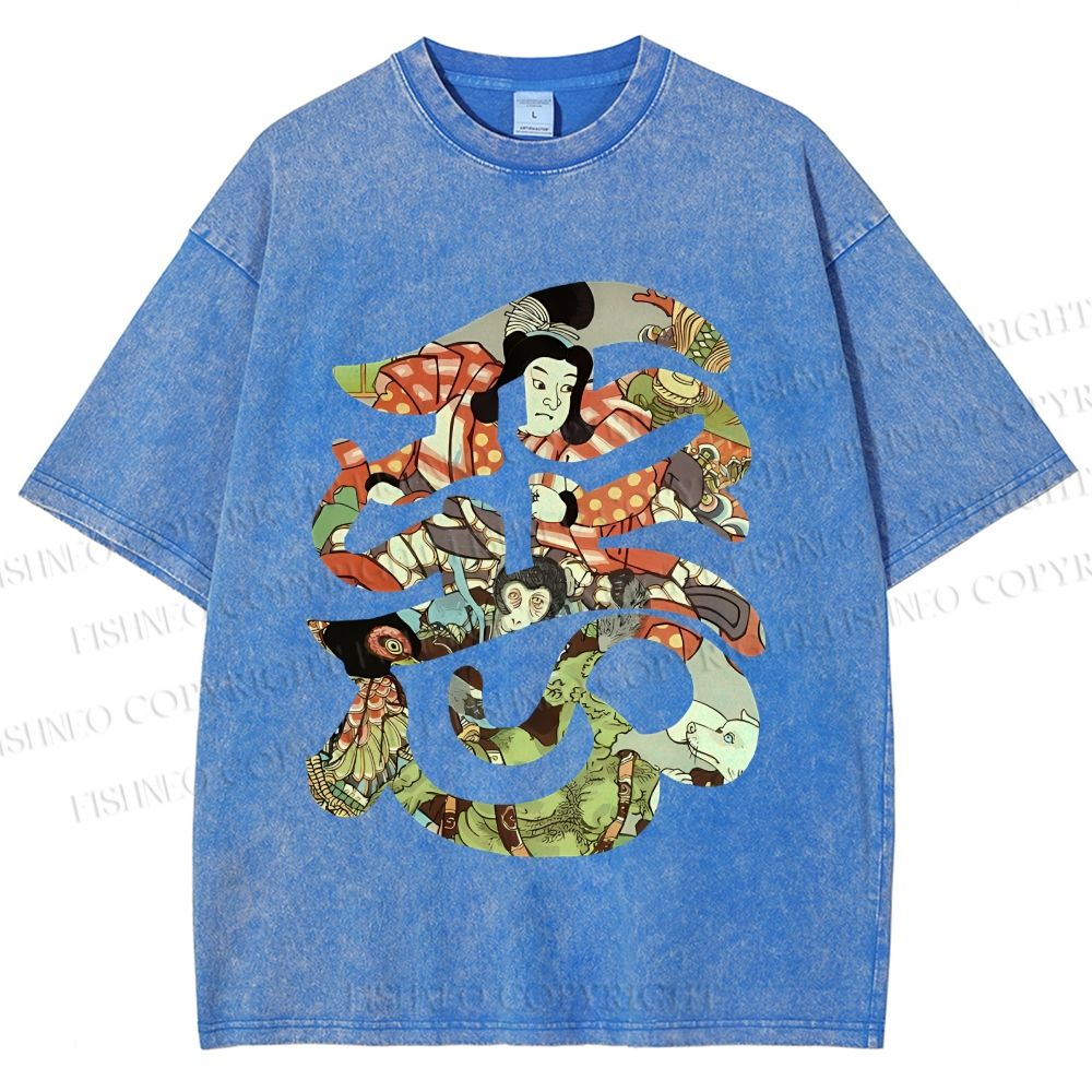 Unisex Vintage Japanese Art Printed Washed Tee