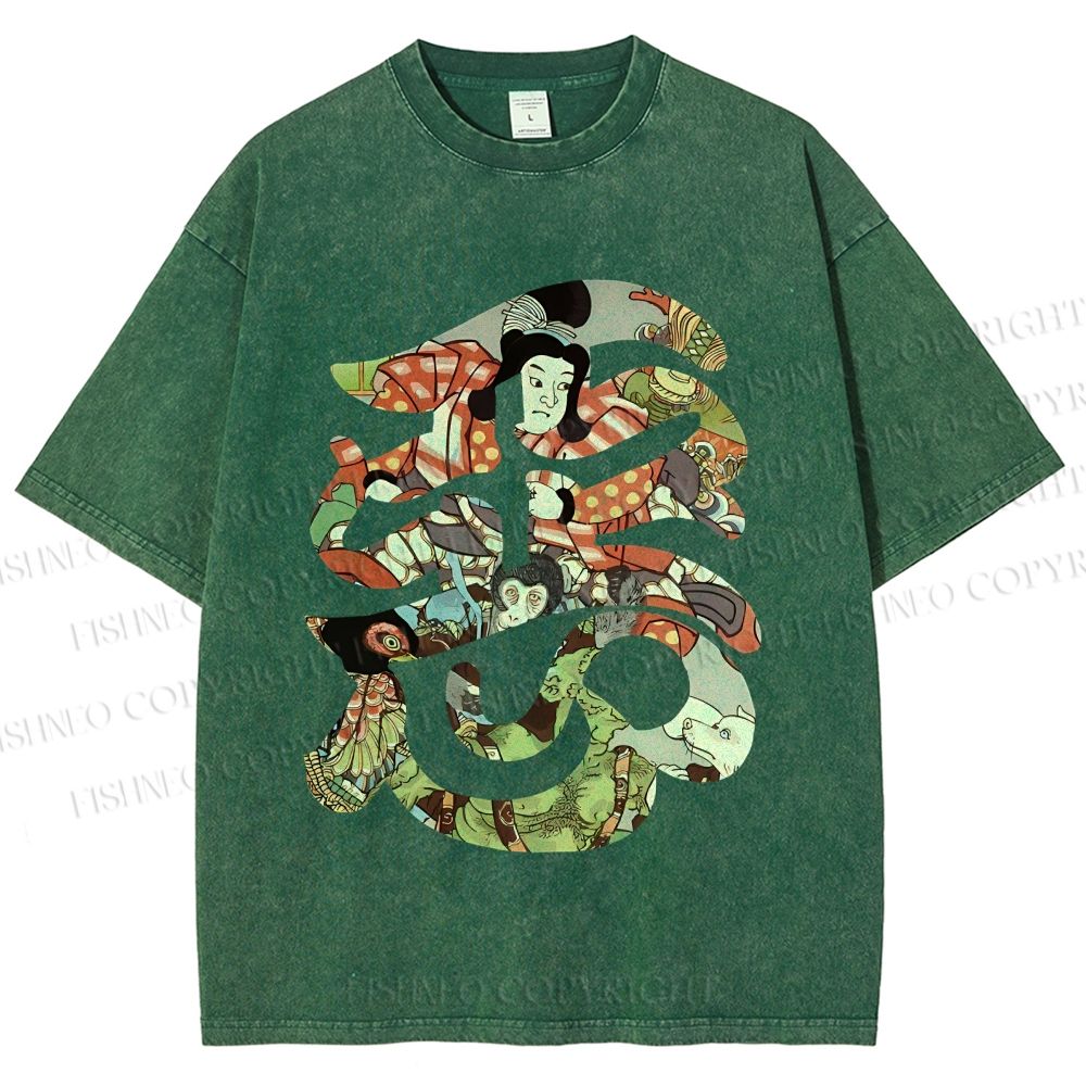 Unisex Vintage Japanese Art Printed Washed Tee