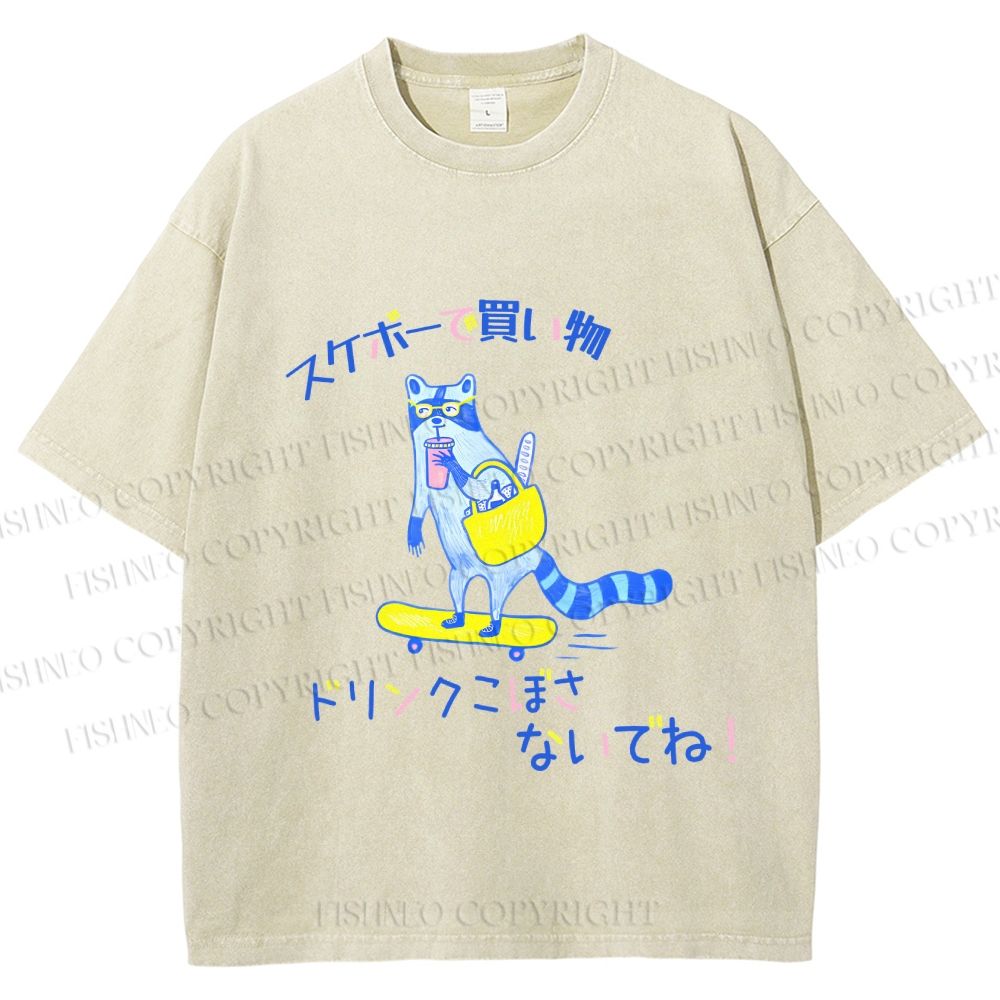 Unisex Japanese Shopping Raccoon Skating Printed Washed Tee
