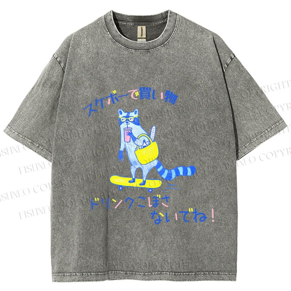 Unisex Japanese Shopping Raccoon Skating Printed Washed Tee
