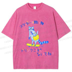 Unisex Japanese Shopping Raccoon Skating Printed Washed Tee