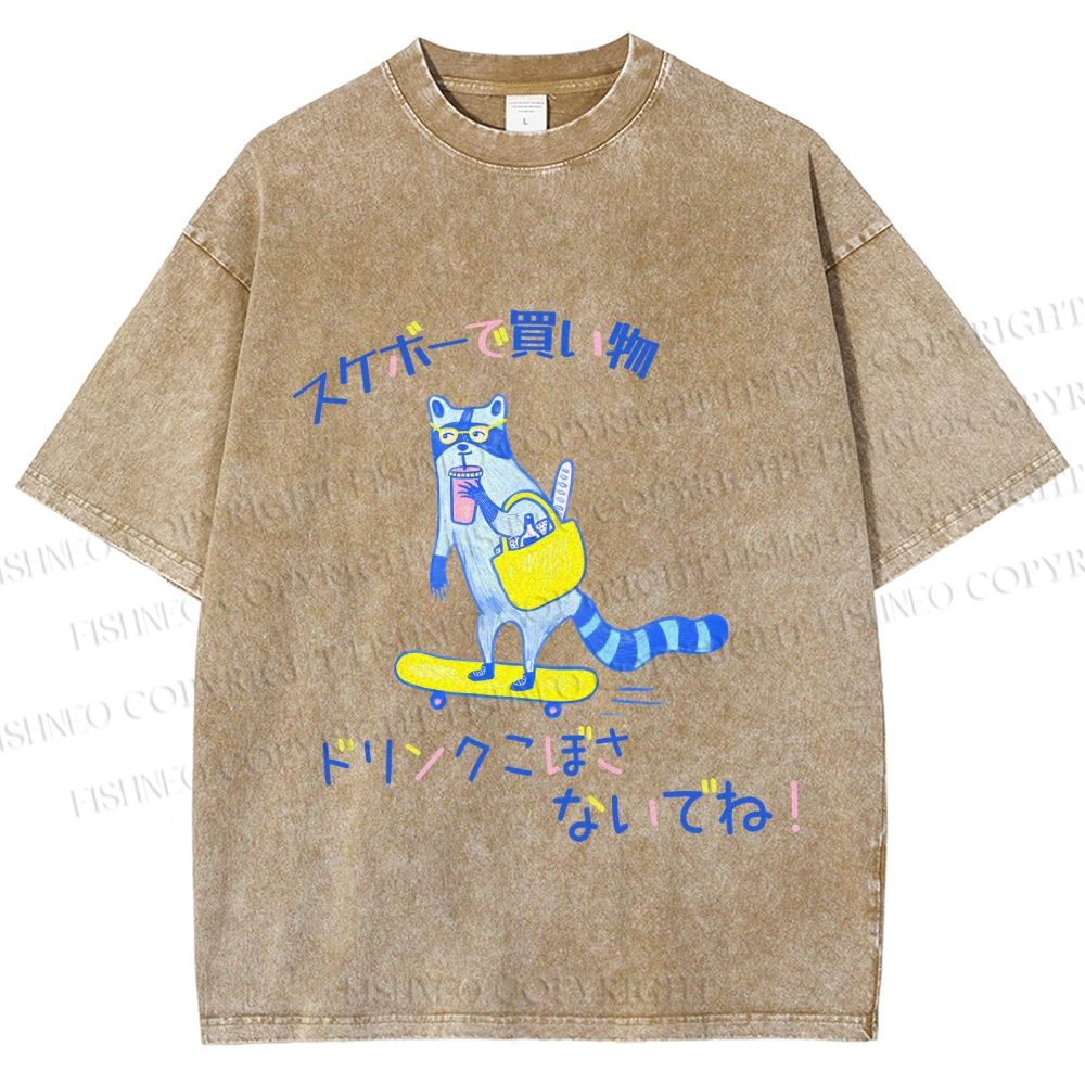 Unisex Japanese Shopping Raccoon Skating Printed Washed Tee
