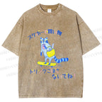 Unisex Japanese Shopping Raccoon Skating Printed Washed Tee