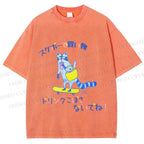 Unisex Japanese Shopping Raccoon Skating Printed Washed Tee