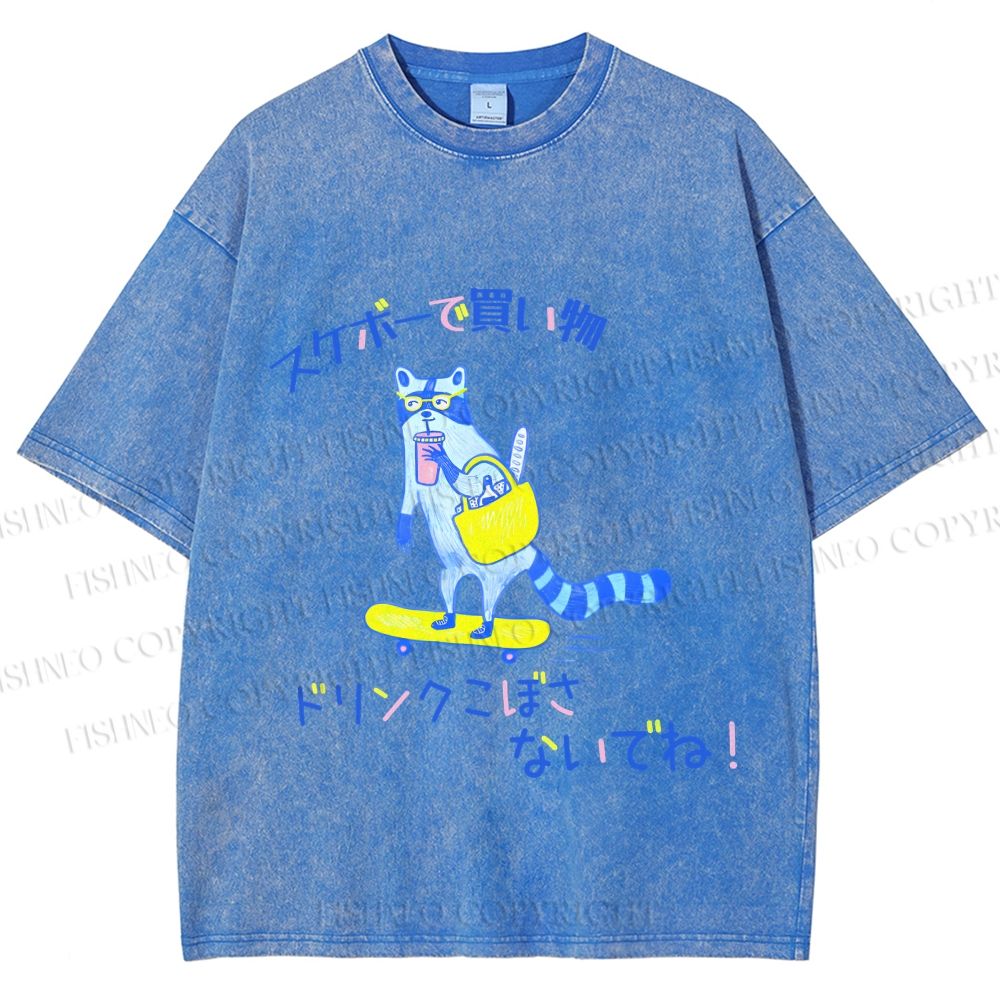 Unisex Japanese Shopping Raccoon Skating Printed Washed Tee