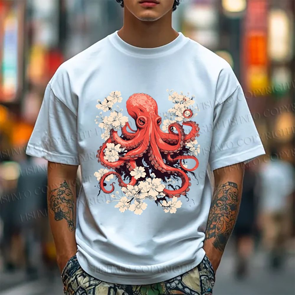 Unisex Octopus With Flowers Classic Cotton T-shirt