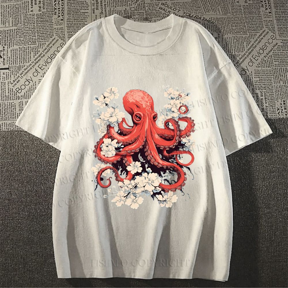 Unisex Octopus With Flowers Classic Cotton T-shirt