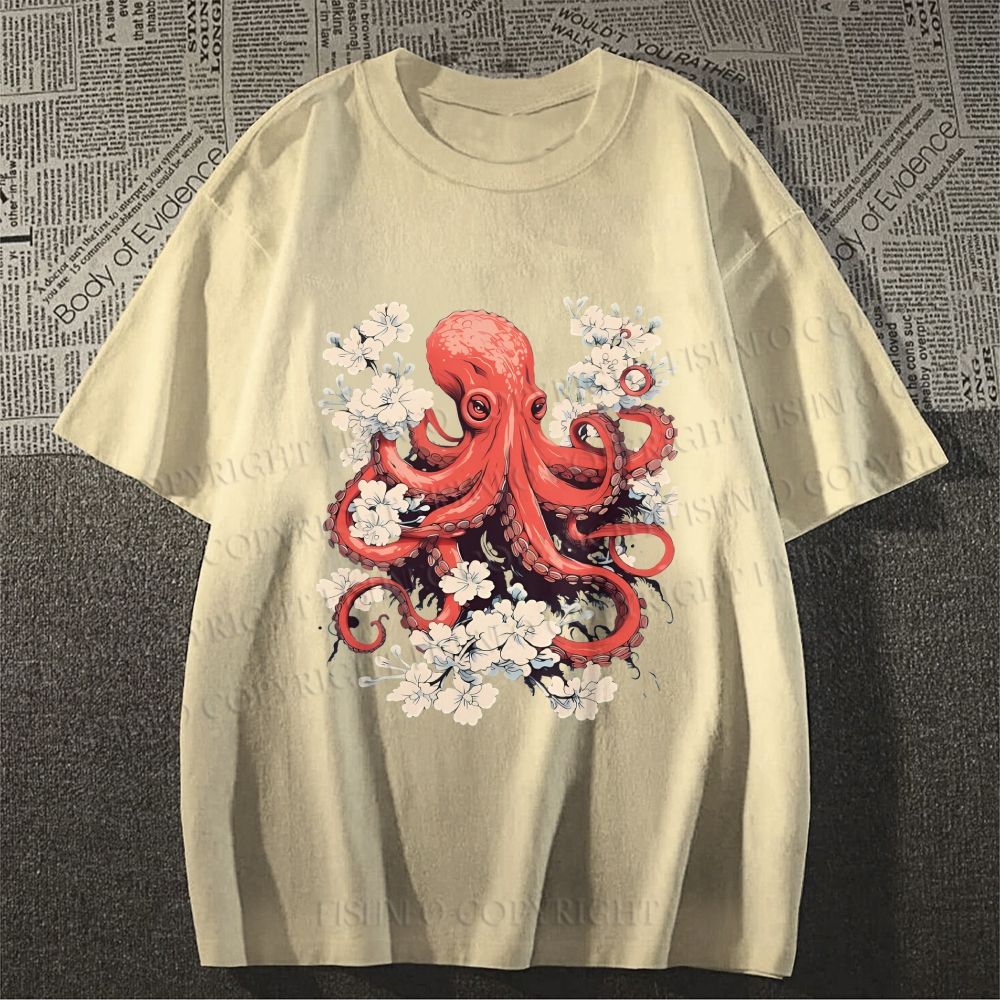 Unisex Octopus With Flowers Classic Cotton T-shirt