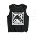 Unisex Vintage Cat Graffiti Printed Washed Tank Top
