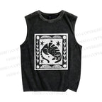 Unisex Vintage Cat Graffiti Printed Washed Tank Top