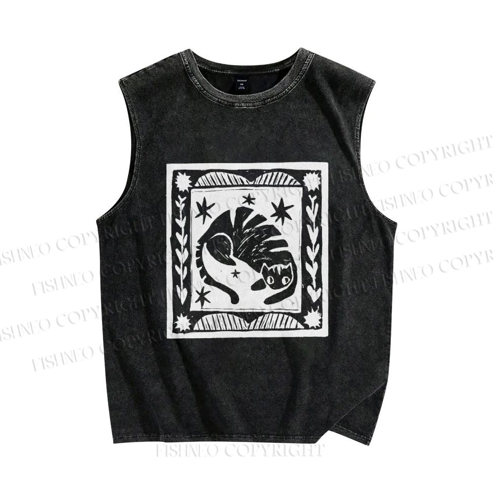 Unisex Vintage Cat Graffiti Printed Washed Tank Top