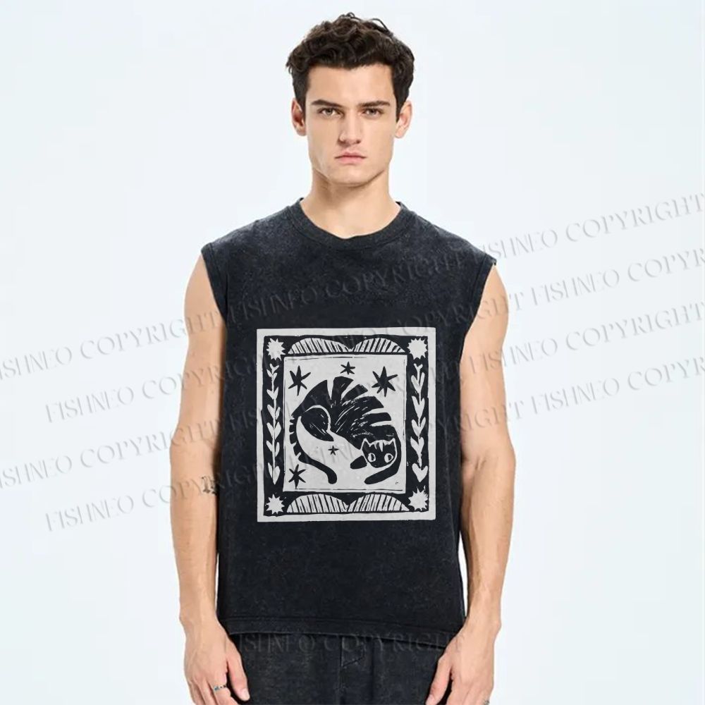 Unisex Vintage Cat Graffiti Printed Washed Tank Top