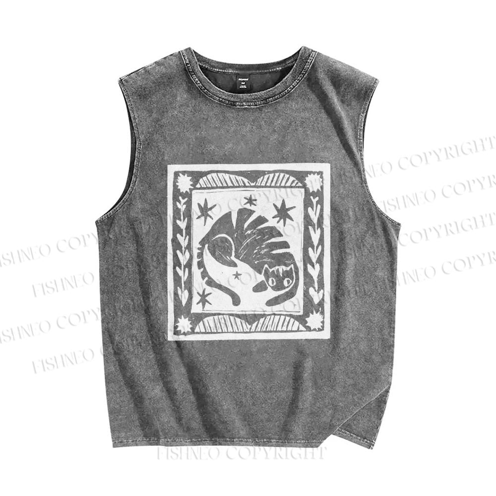 Unisex Vintage Cat Graffiti Printed Washed Tank Top
