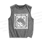 Unisex Vintage Cat Graffiti Printed Washed Tank Top