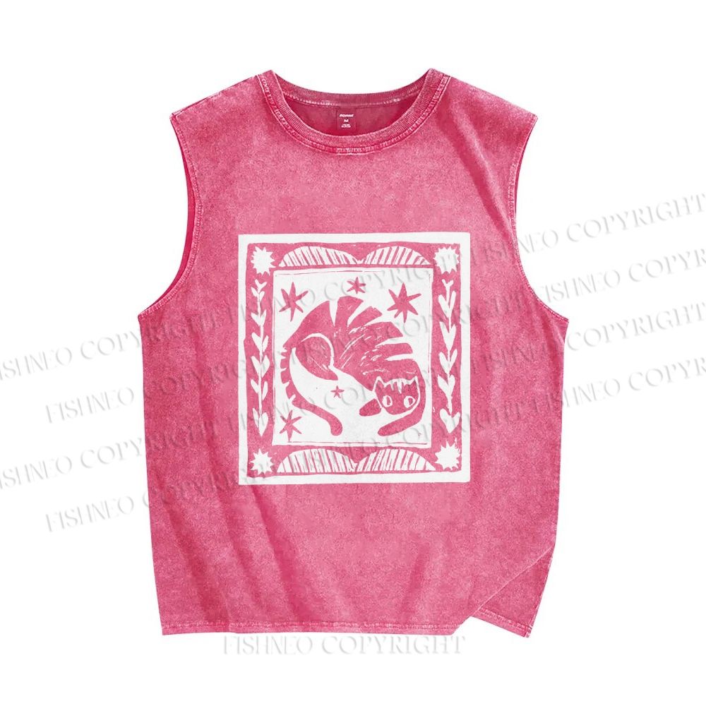 Unisex Vintage Cat Graffiti Printed Washed Tank Top