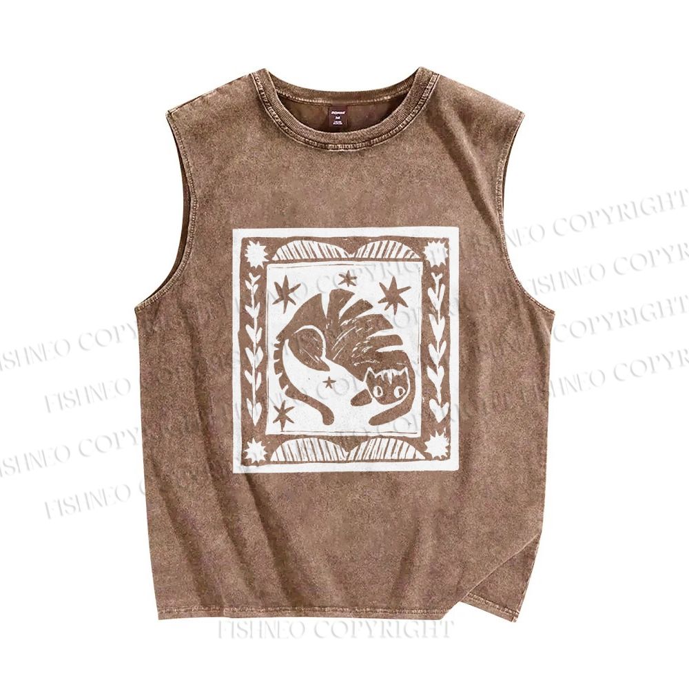 Unisex Vintage Cat Graffiti Printed Washed Tank Top