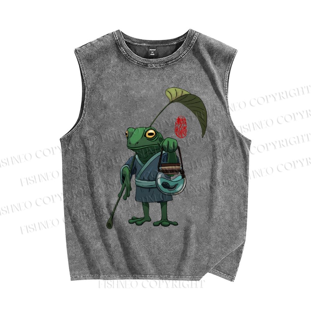 Unisex Kimono Frog Printed Washed Tank Top