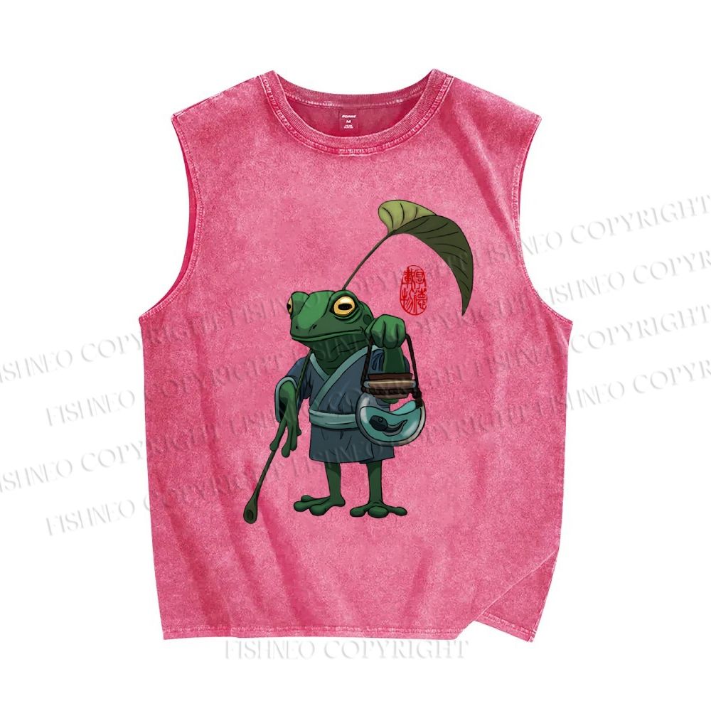 Unisex Kimono Frog Printed Washed Tank Top