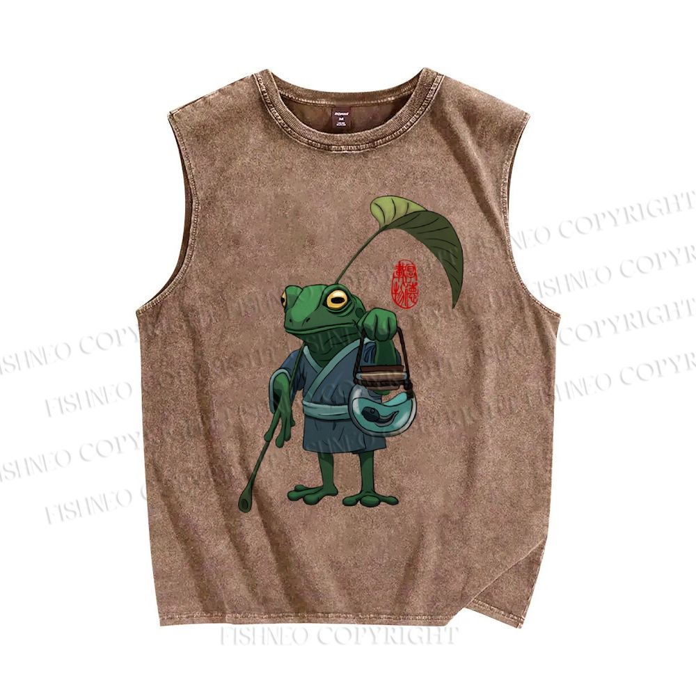 Unisex Kimono Frog Printed Washed Tank Top