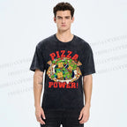 Unisex Pizza Turtle Printed Washed Tee