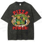 Unisex Pizza Turtle Printed Washed Tee