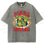 Unisex Pizza Turtle Printed Washed Tee