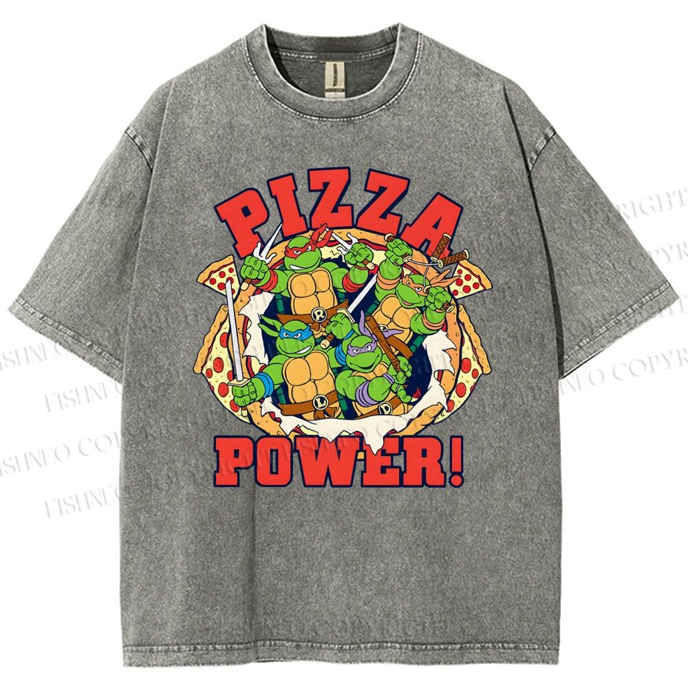 Unisex Pizza Turtle Printed Washed Tee