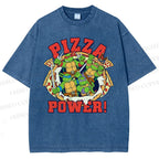 Unisex Pizza Turtle Printed Washed Tee