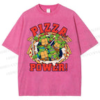 Unisex Pizza Turtle Printed Washed Tee