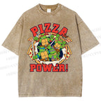 Unisex Pizza Turtle Printed Washed Tee
