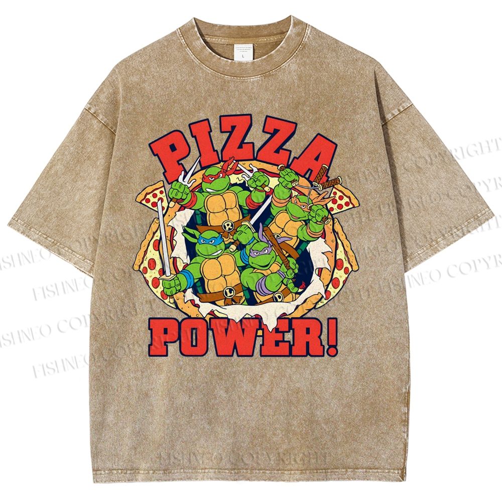 Unisex Pizza Turtle Printed Washed Tee