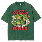 Unisex Pizza Turtle Printed Washed Tee