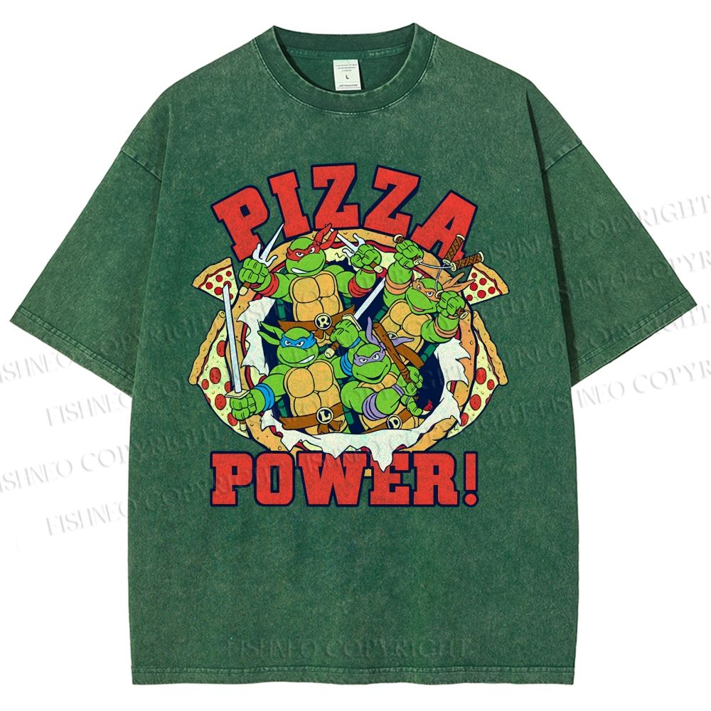 Unisex Pizza Turtle Printed Washed Tee