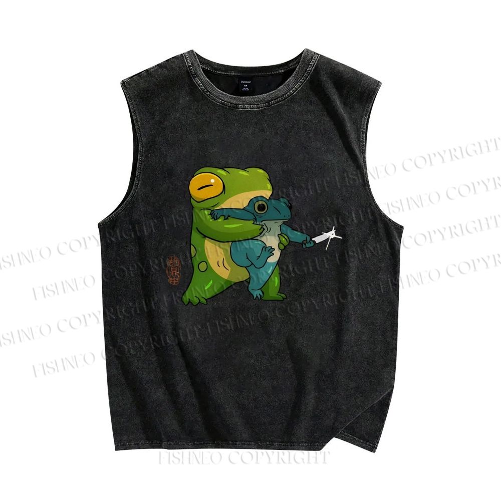 Unisex Japanese Frog Printed Washed Tank Top