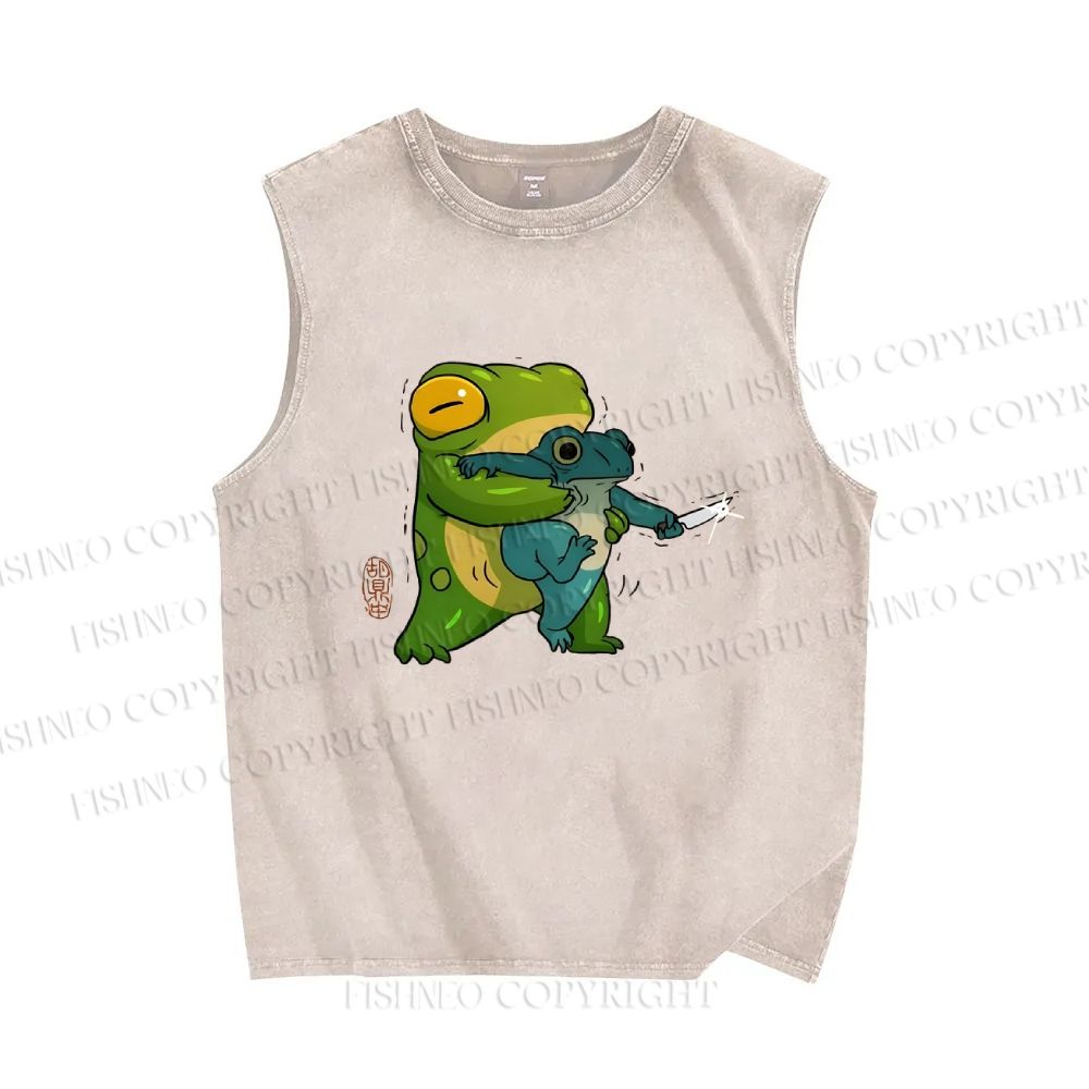Unisex Japanese Frog Printed Washed Tank Top