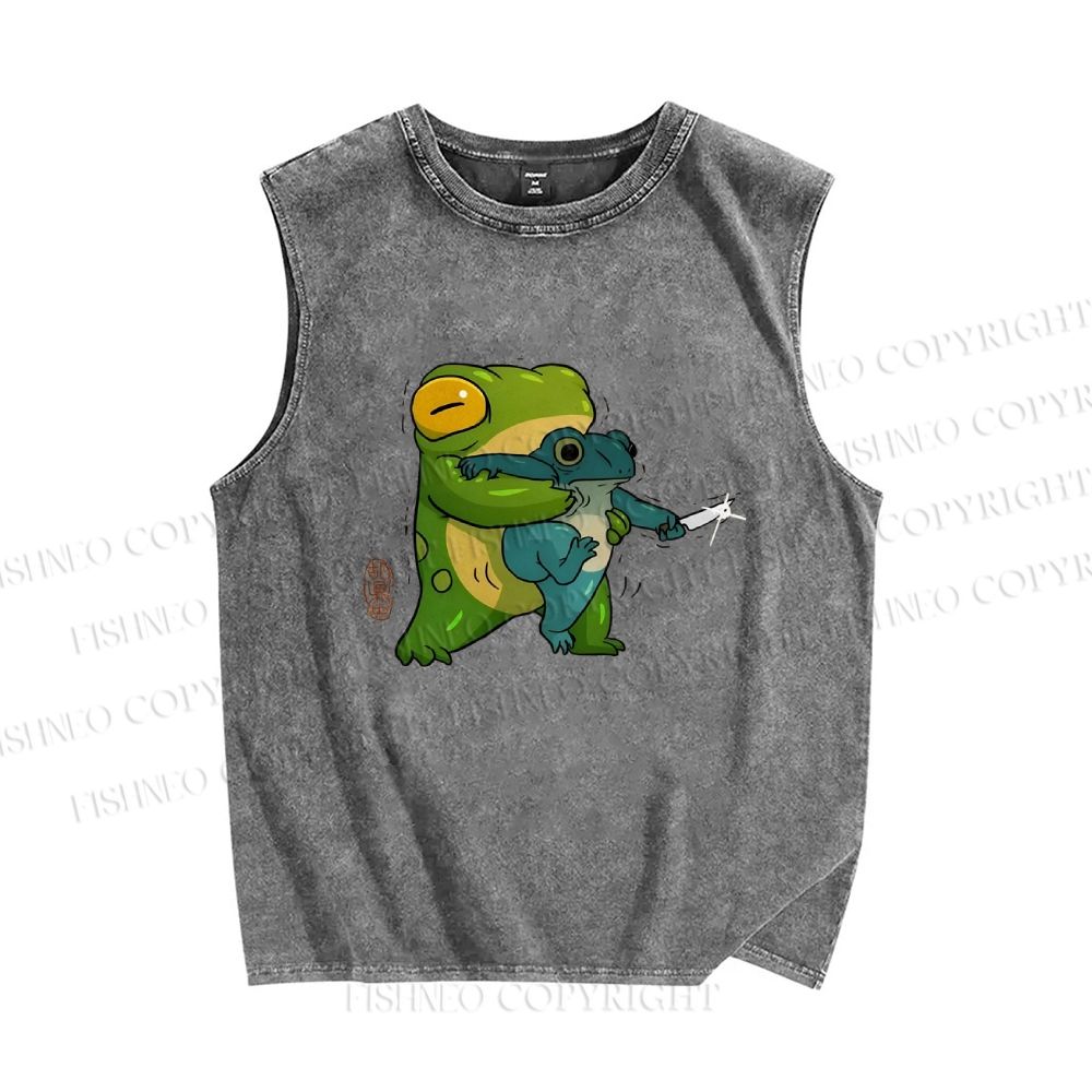 Unisex Japanese Frog Printed Washed Tank Top