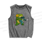 Unisex Japanese Frog Printed Washed Tank Top