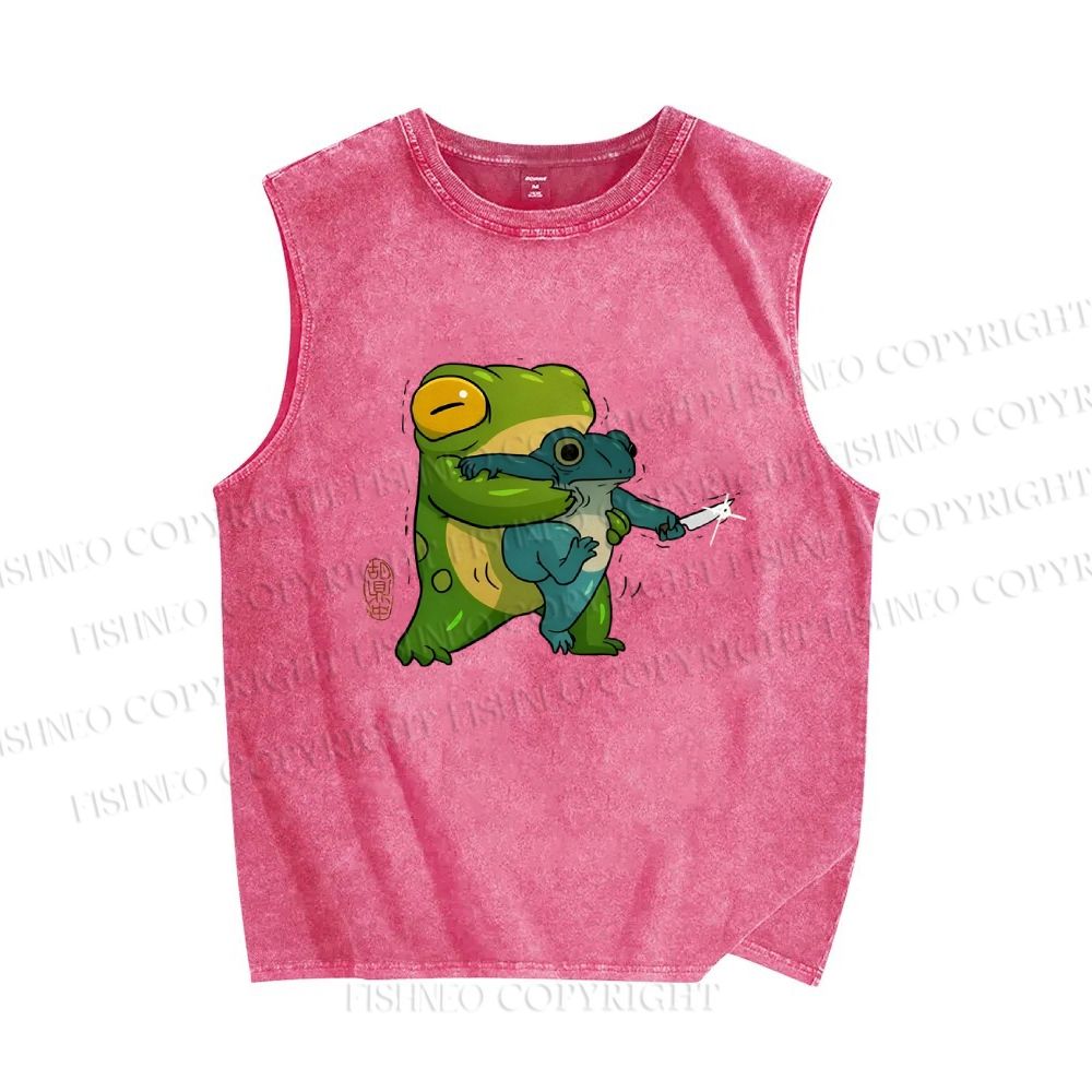 Unisex Japanese Frog Printed Washed Tank Top