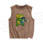 Unisex Japanese Frog Printed Washed Tank Top