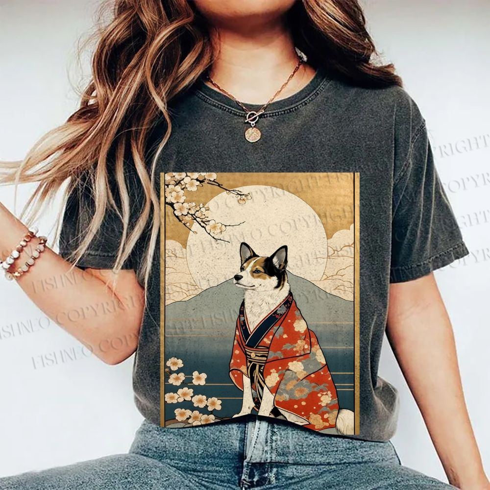 Unisex Japanese Shiba Dog Samurai Printed Washed Tee