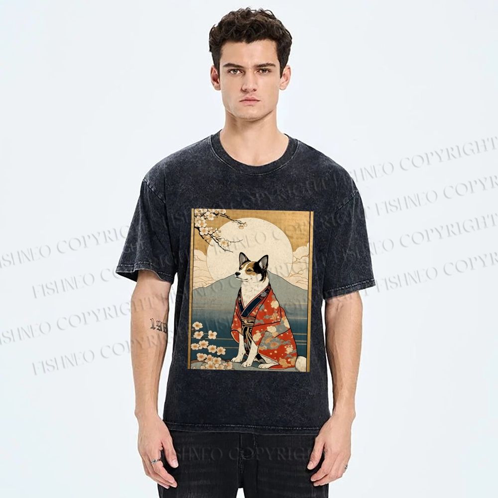 Unisex Japanese Shiba Dog Samurai Printed Washed Tee
