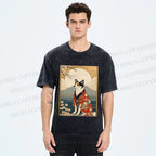 Unisex Japanese Shiba Dog Samurai Printed Washed Tee