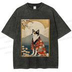 Unisex Japanese Shiba Dog Samurai Printed Washed Tee
