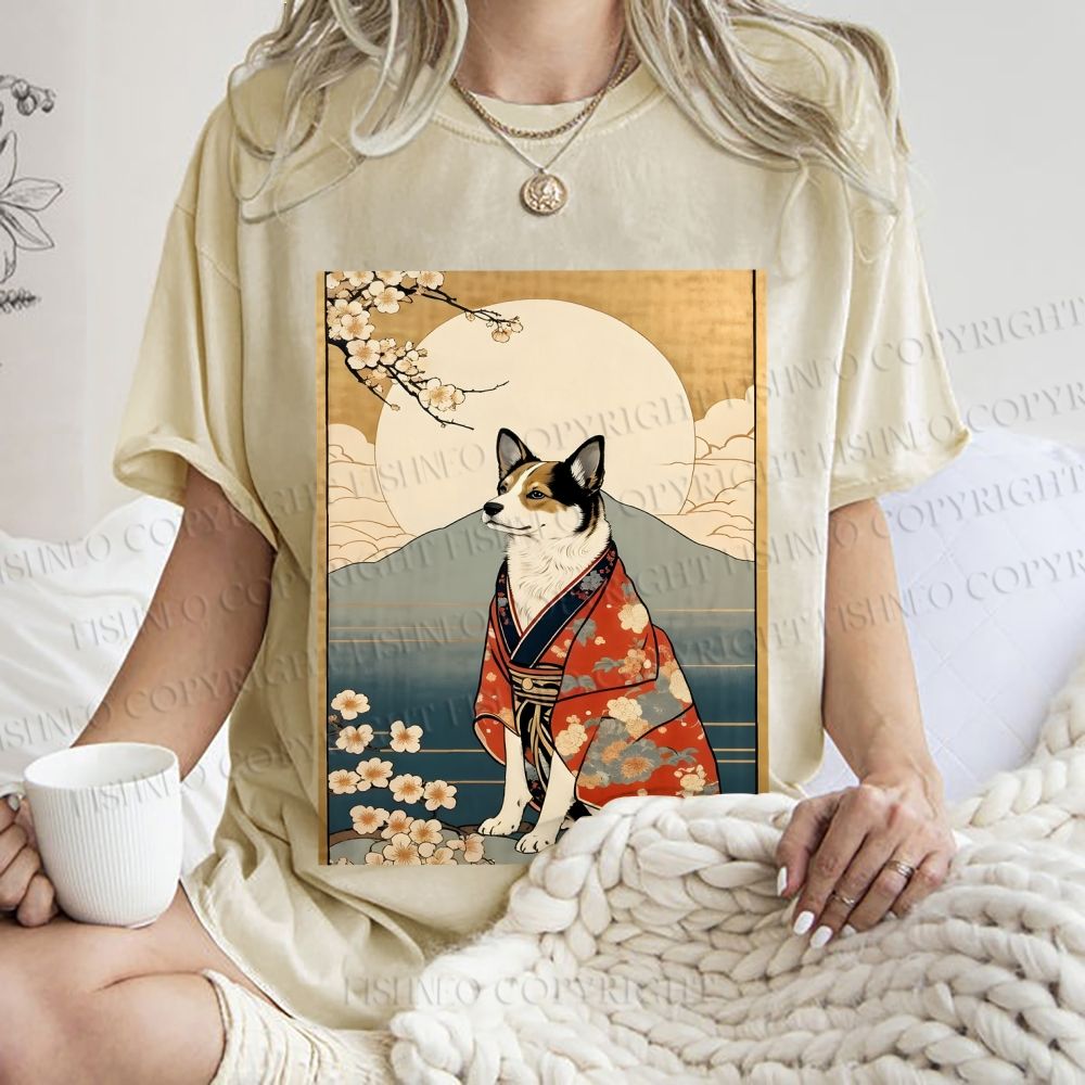 Unisex Japanese Shiba Dog Samurai Printed Washed Tee
