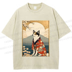 Unisex Japanese Shiba Dog Samurai Printed Washed Tee