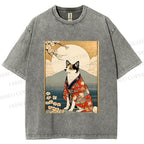 Unisex Japanese Shiba Dog Samurai Printed Washed Tee